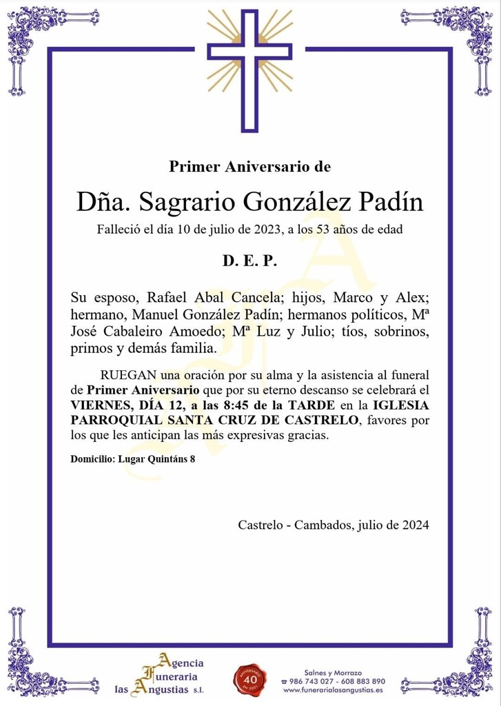 PRIMER ANIVERSARIO DE SAGRARIO GONZÁLEZ PADÍN